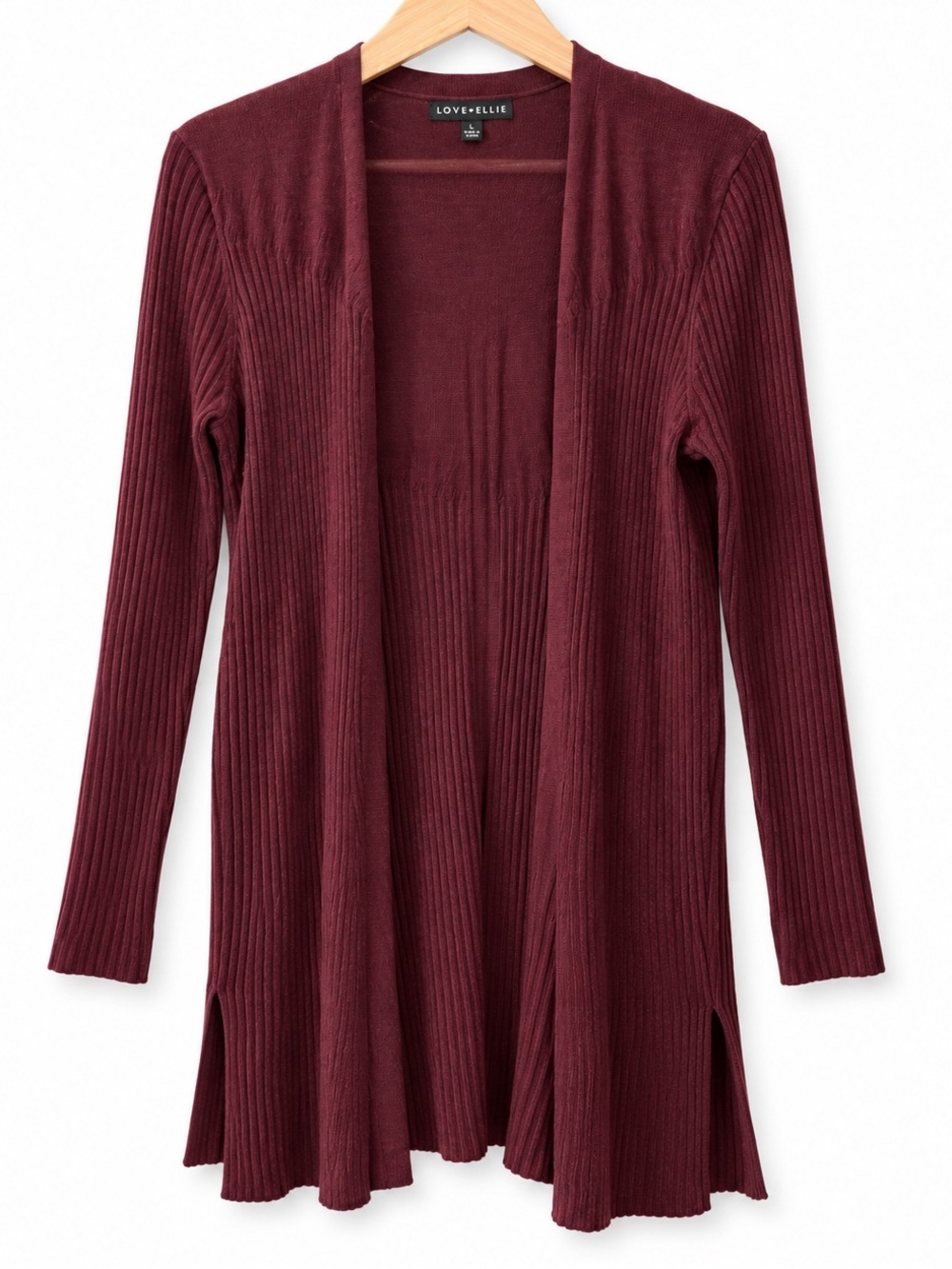 Love Ellie Burgundy Ribbed Open Front Long Cardigan Duster Size L